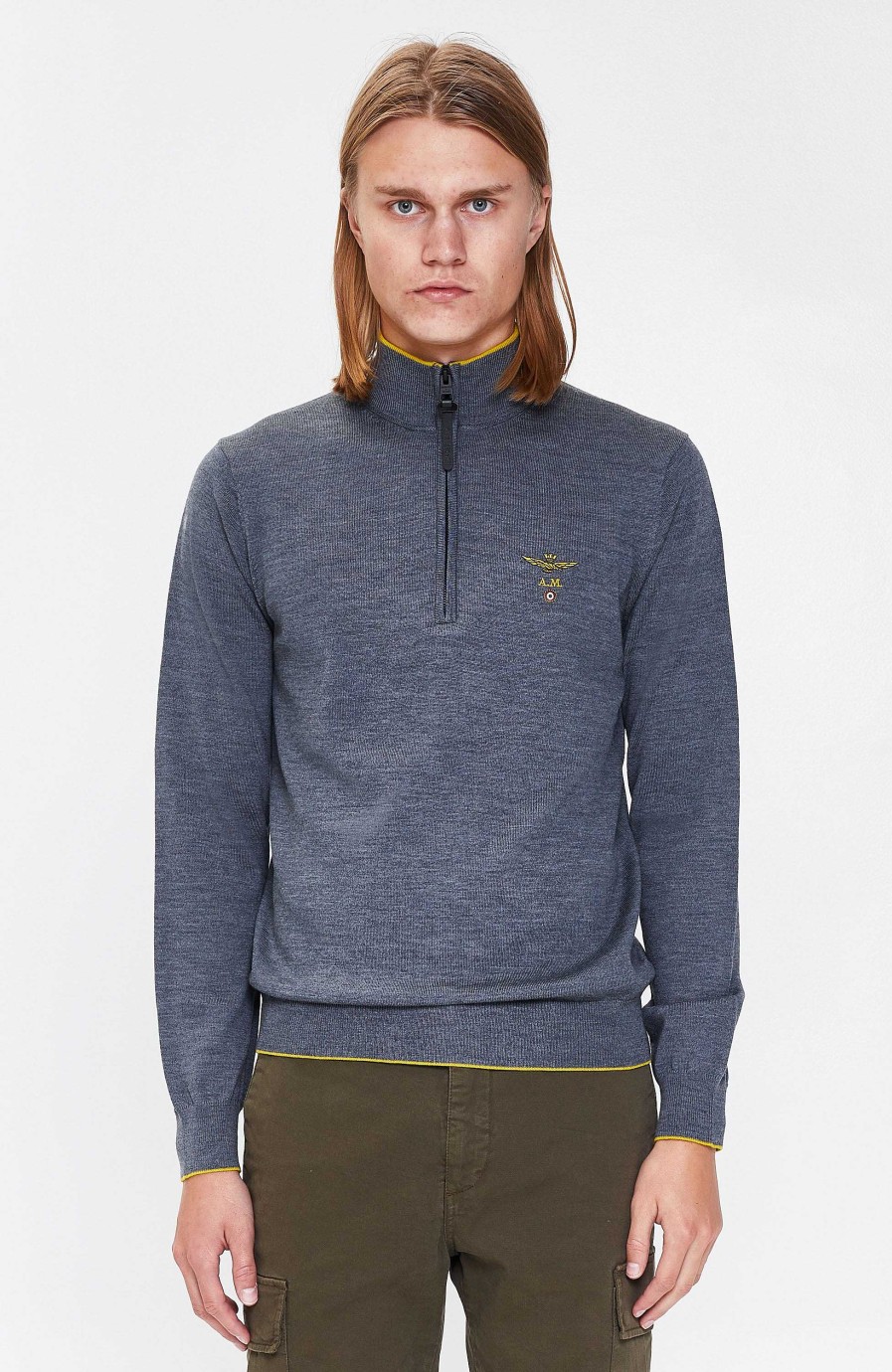 Maend AERONAUTICA MILITARE | Merinouldsweater Med Halv Lynlas